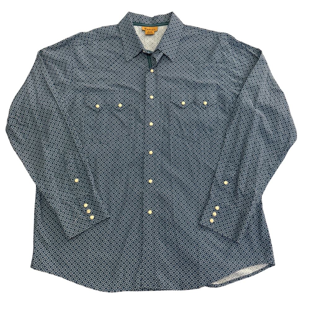 ARIAT Men's Button Down Long Sleeve Shirt Navy & White Pattern Size XL